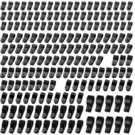 190 Pièces 6 Tailles R-Type Attache de Câble Pince de Fil Kit, Nylon Plastique Câbles Clips avec 190 Pièces des Vis, pour la Gestion des Fils (Noir)