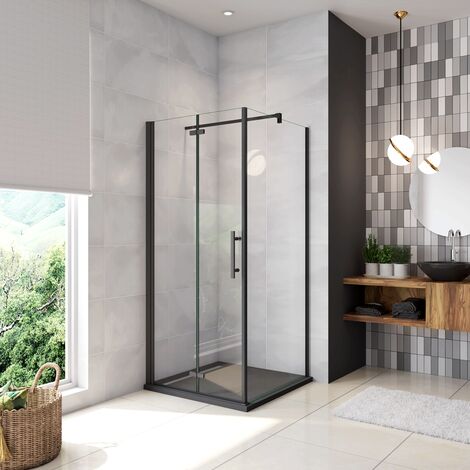190cm Box Doccia Angolare Porta Battente Pieghevole con Parete Fissa 70x100cm in Vetro Temperato 5 mm Anticalcare Barra da 90 cm Nera Opaca Piatto Doccia incluso