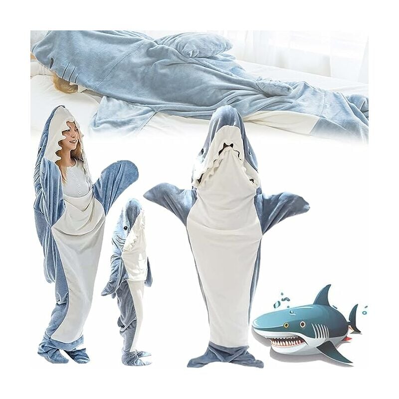 190cm Couverture de Requin à Capuche Chaud Flannel Adorable Sac de Couchage Shark Blanket Hoodie pour Soirée Camping Voyage