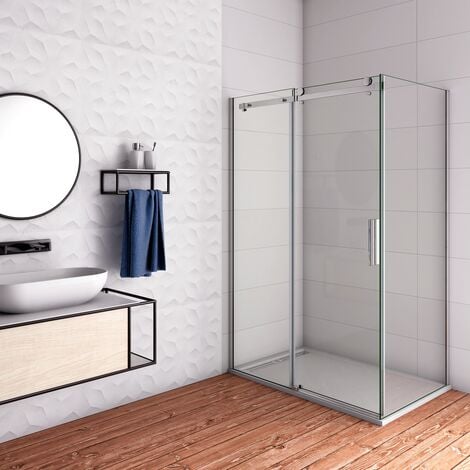 195 cm Box Doccia Angolare Porta Scorrevole 110 cm con Parete Fissa 90 cm in Vetro da 6 mm Temperato Trasparente Cromo Lucido