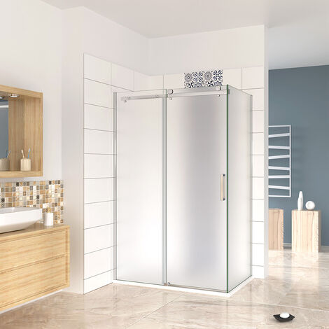195 cm Box Doccia Angolare Porta Scorrevole 140 cm Ingresso Destro con Parete Fissa 80 cm in Vetro da 8 mm Temperato Satinato Cromo Lucido