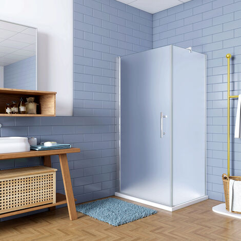 195cm Box Doccia Angolare Porta Battente con Parete Fissa 80x70cm in Vetro Temperato Satinato Opaco 6 mm Anticalcare con Barra Stabilizzatrice 90 cm (montaggio verso irreversibile)