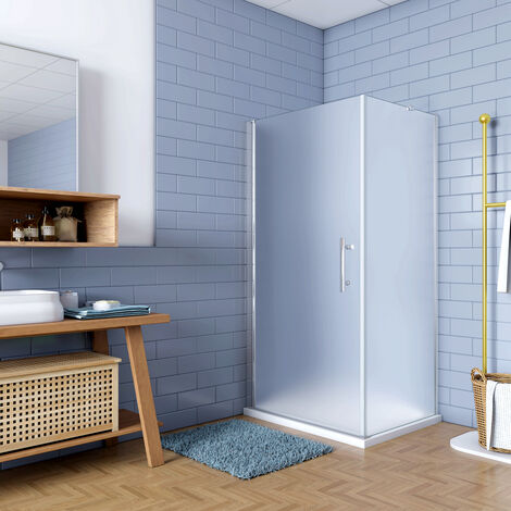 195cm Box Doccia Angolare Porta Battente con Parete Fissa 80x70cm in Vetro Temperato Satinato Opaco 6 mm Anticalcare Telaio Cromo Lucido (montaggio verso irreversibile)
