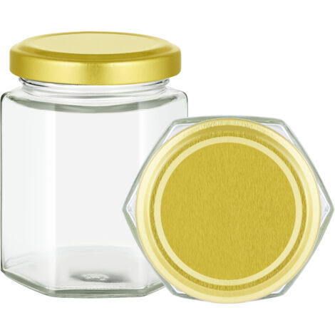 196ml/7oz Jam Jars with Lids Pack of 24 Hexagonal Jam Jars Glass Honey Jars Pickles Chutneys Storage with Screw Gold Lids