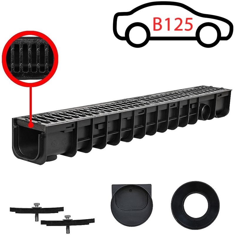 Mucola - B125 1M Kit de caniveau de drainage Grille de caniveau en fonte fendu