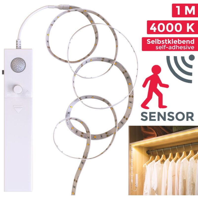 

B.k.licht - 1m LED Tira de Luz I 2W I Sensor de Movimiento para Gabinete I Blanco frío 4000K I cubierta de silicona I Iluminación de muebles I