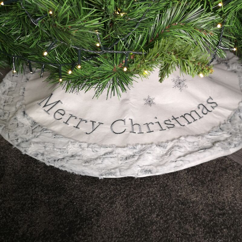 1m White & Grey Fur Trim Merry Christmas Snowflake Fabric Tree Skirt