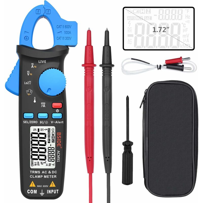 1mA Clamp Meter ac/dc Current True rms Auto-Ranging 6000 Counts Voltmeter Temperature Capacitance Frequency Live Wire Check V-Alert Tester with Back