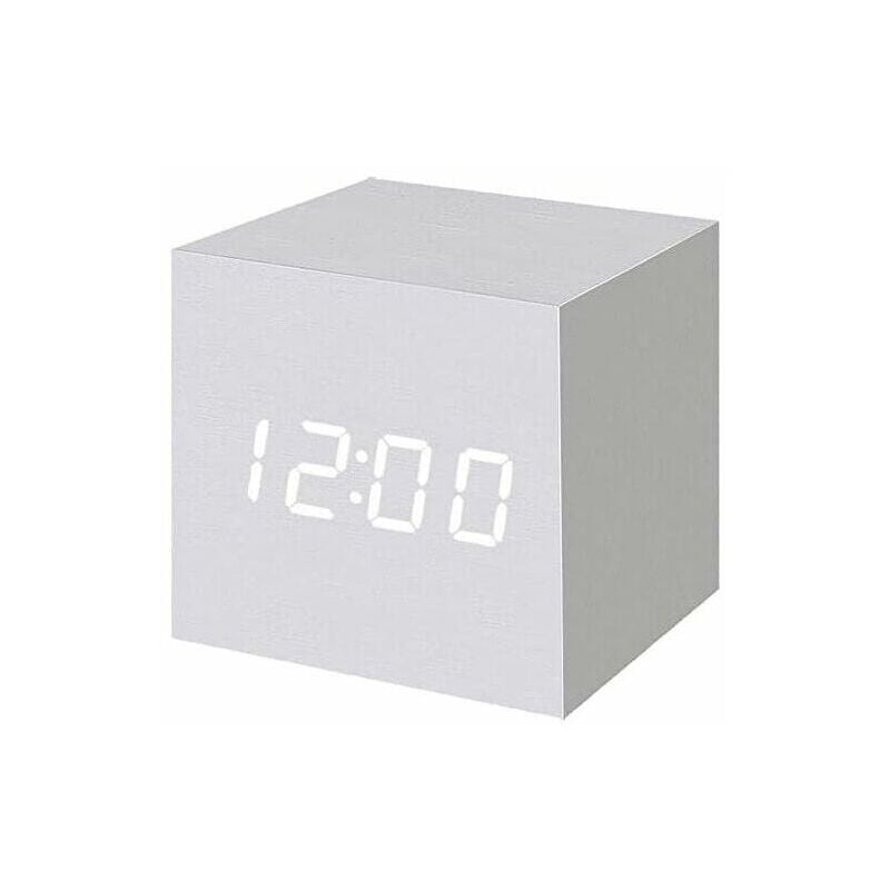Serbia - 1pc Blanc Réveil numérique à led en Bois, Horloge Cubique Numérique avec Affichage Date et Température, Prise usb / Batterie