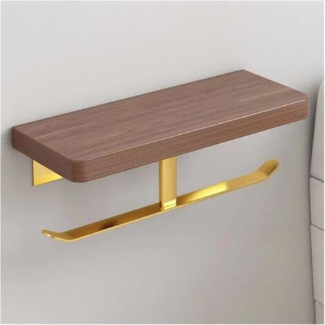 1pc Double Paper Holder With Shelf Gold Wood Wall Mounted Bathroom Kitchen Tissue Holders Walnut Toilet Paper Towel Roll Hange Rrack(Plane 30 cm)