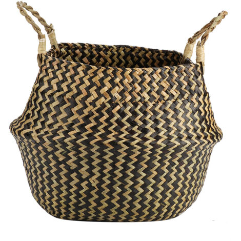 1Pc Foldable Natural Seagrass Woven Storage Basket Clothes Organizer Plant Flower Pot(Black)