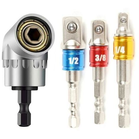 1pc Foret à Angle Droit et 3pcs Adaptateur Douille 1/2"3/8"1/4" Kit Renvoi d'angle Visseuse de 105 Degrés Magnétique Changement Rapide Perceuse Electrique Acce