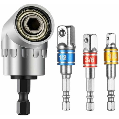 1pc Foret à Angle Droit et 3pcs Adaptateur Douille 1/2"3/8"1/4" Kit Renvoi d'angle Visseuse de 105 Degrés Magnétique Changement Rapide Perceuse Electrique Acce-Versailles