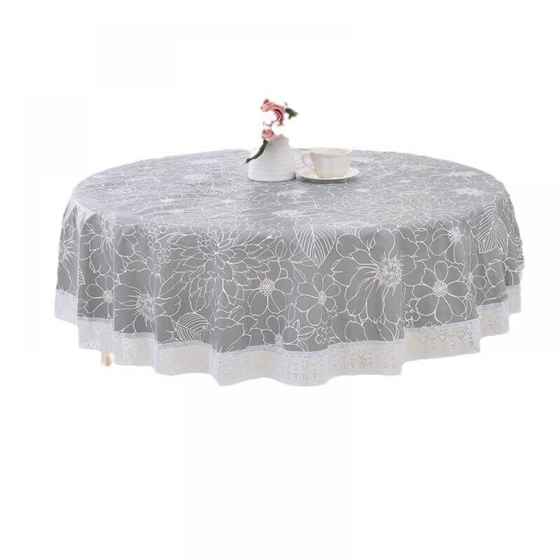 Cyslmuk - 1pc Nappe ronde grise en toile cirée en pvc avec motif floral et dentelle, imperméable et résistante aux taches, nappe ronde en linoléum