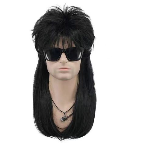 1pc Perruque pour homme, perruque longue droite des années 70, couvre-chef de perruque de cosplay de fête de déguisement d'Halloween (noir)