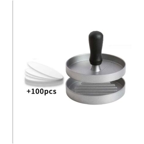 1PC Presse à Burger Moule Steak Haché en Aluminium Revêtement Antiadhésif + 100 Feuilles De Papier , Ustensiles Cuisine pour Faire Délicieux Hamburgers, Galettes Et Barbecues, Argent