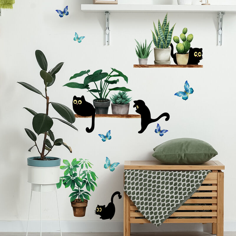 Xinuy - 1pc Sticker Mural Plante en pot chats mignons Autocollant Décoration Murale pour Salon, Chambre, Cuisine, Salle de bain
