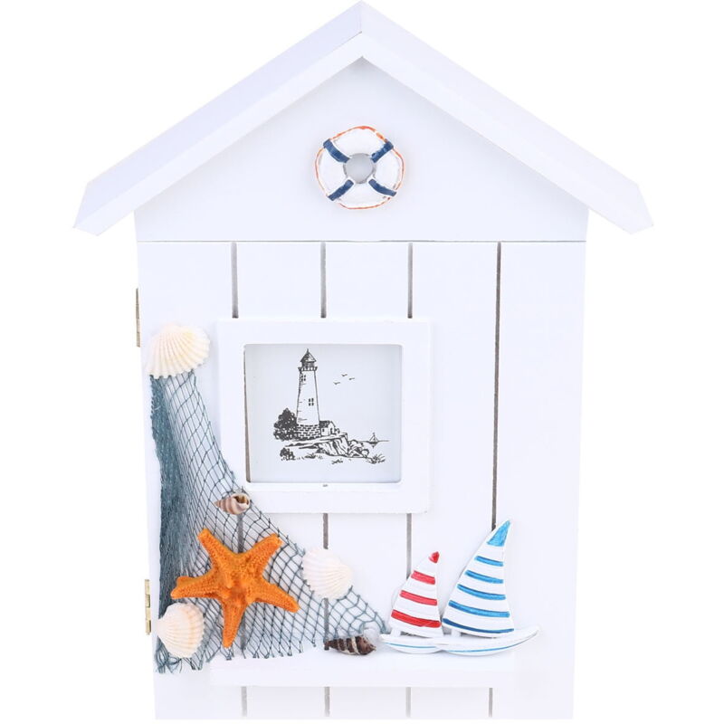 1PC Support de rangement pour clés Boîte en forme de maison Étui à clés en bois Décoration murale Ornement de style méditerranéen (voile)