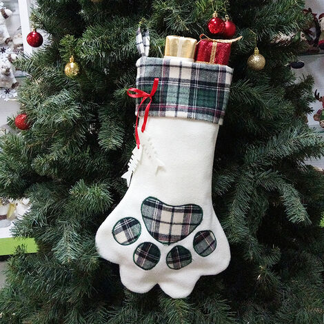 1pcs Décorations de Noël Bas de Noël Peluche Chaussette de Noël Grand Size Griffe de Chat Chien Sac Cadeau Bonbon Décorations De Maison Arbre de Noël 45CM (Gris)