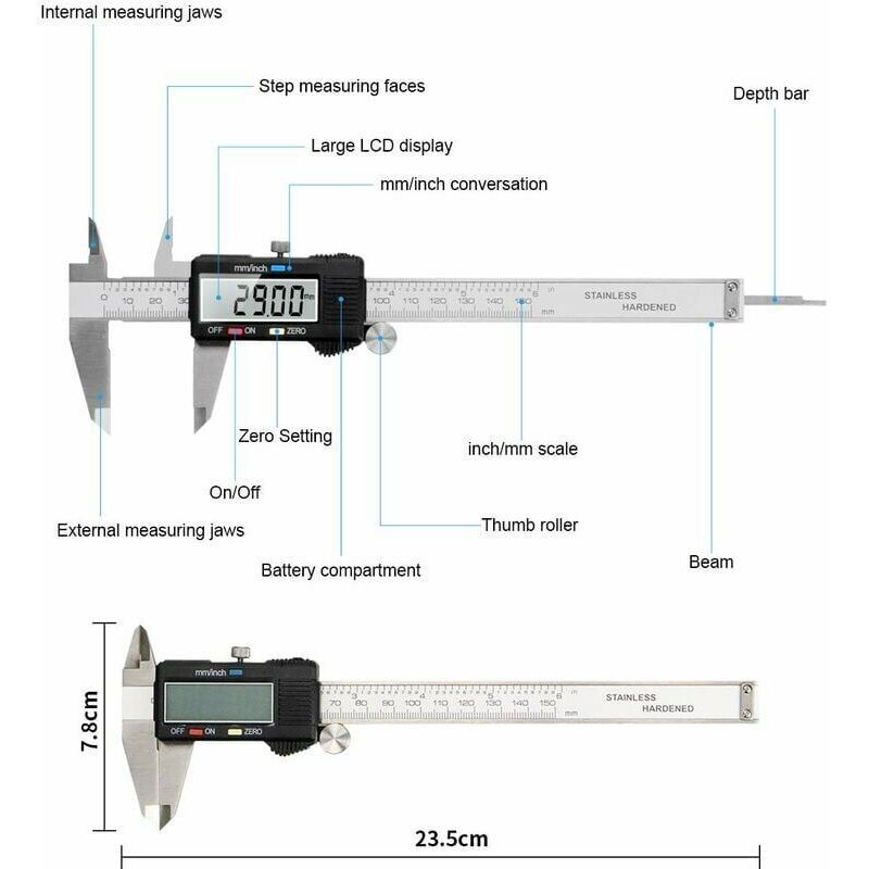 Readcly - 1pcs Digital Caliper 150mm Stainless Steel Large lcd Display Adjustable Accuracy 0.01mm, mm/inch conversionHome Industry Measurement(Free