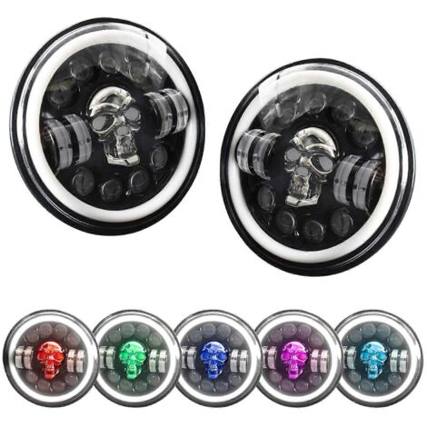 1Pcs Phare LED 7 pouces rond motif crâne, avec feux de route/croisement, clignotant, éclairage diurne DRL et C.
