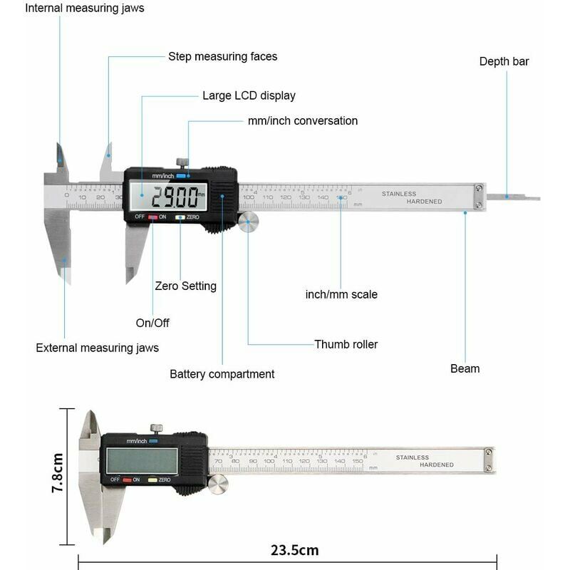 Vuszr - 1pcs Pied à Coulisse Digital 150mm Acier Inoxydable Grand écran lcd Précision Réglable 0.01mm, mm/inch conversionMesure de l'industrie