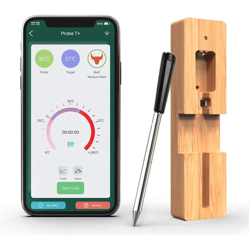 1PCS Sonde Temperature Cuisine Bluetooth 50m Thermomètre à viande Sans Fil avec Fonction de Minuterie et D'alarme Connexion Thermomètre Cuisine pour