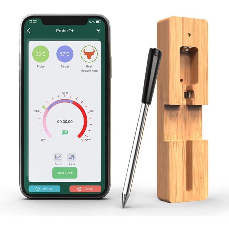 1PCS Sonde Temperature Cuisine Bluetooth 50m Thermomètre à viande Sans Fil avec Fonction de Minuterie et D'alarme Connexion Thermomètre Cuisine pour