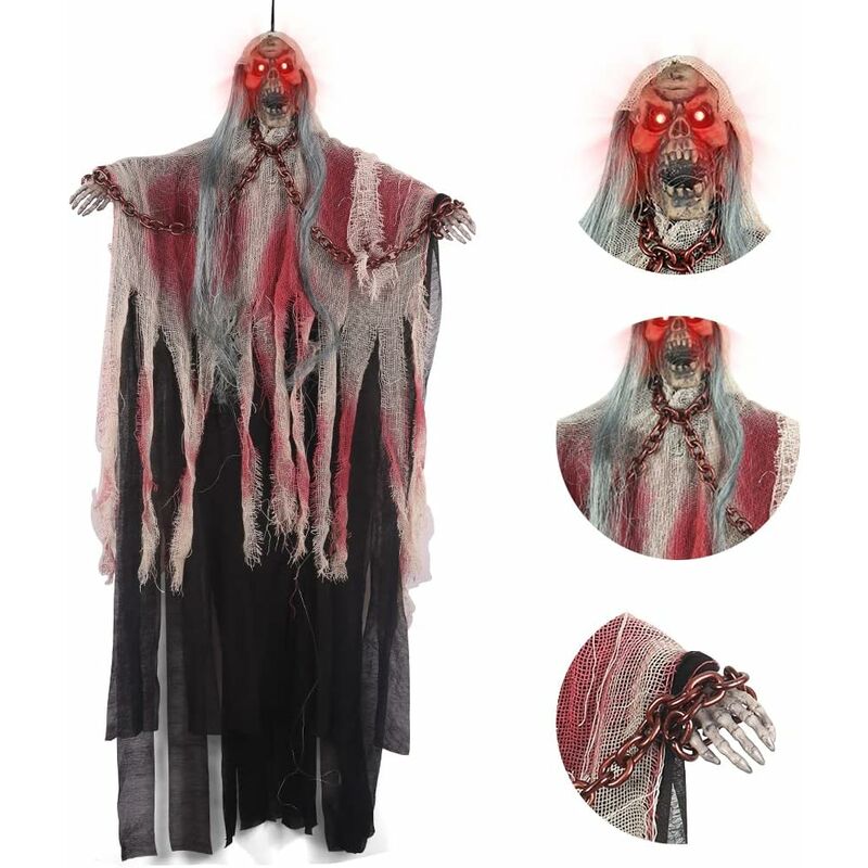 1pcsHalloween Décoration, Blanc Fantôme de Faucheuse Animé de 9060 cm, Sinistre Suspendu avec des Chaînes de Crâne et de Chaîne, Décoration