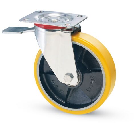 1PZ RUOTA GIREVOLE PER CARRELLI POLIURETANO+FRENO art.24 mm.200-piastra mm.100x