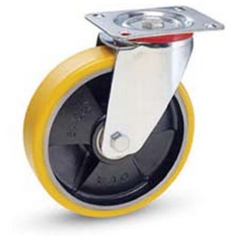 1PZ RUOTE INDUSTRIALI IN POLIURETANO NUCLEO GHISA CON PIASTRA GIREVOLE"22" -  mm.200x40 piastra mm.140x110 - 235h. p. Kg.300