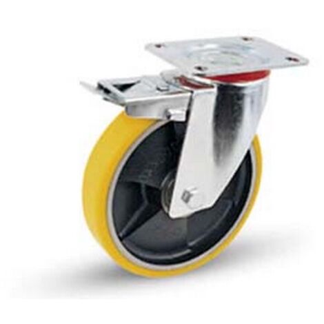 1PZ RUOTE INDUSTRIALI POLIUR.NUCLEO GHISA PIASTRA GIREVOLE FRENO "24SEANT" -  mm.125x25 piastra mm.115x85 - 155h. p. Kg.130