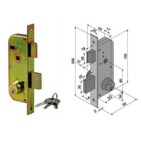 1PZ SERRATURA DA INFILARE PER CANCELLI 2 MANDATE E SCROCCO CILINDRO FISSO 060 - MM.30 CON CATENACCIO MM.25 (06030000)