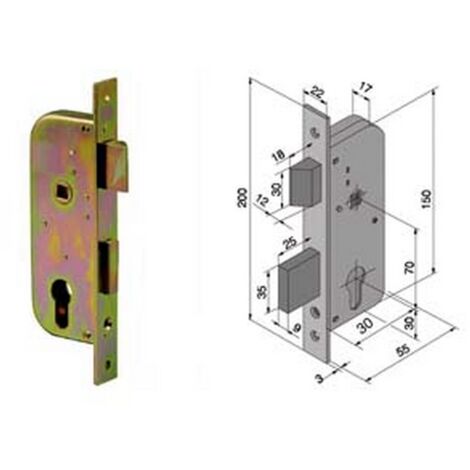 1PZ SERRATURA DA INFILARE PER CANCELLI 2 MANDATE E SCROCCO CILINDRO SAGOMATO 061 - MM.30 CON CATENACCIO MM.25 (06130000)