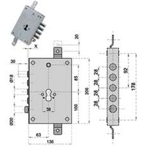 1PZ SERRATURA TRIPLICE DA APPLICARE CON SCROCCO CILINDRO EUROPEO BLINDATE 50128 - MM.63