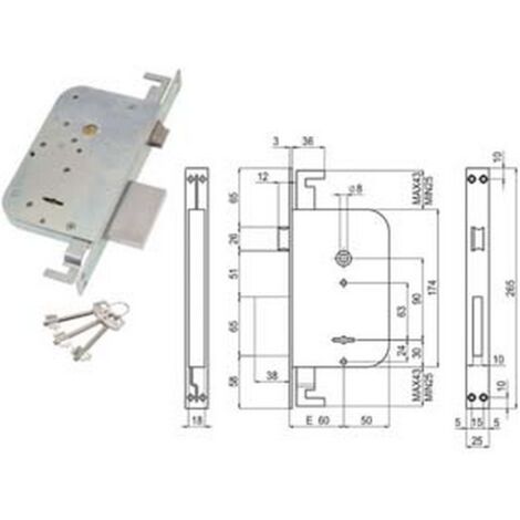 1PZ SERRATURA TRIPLICE DA INFILARE D. MAPPA CON SCROCCO E CATENACCIO 600/3 - mm.60 (00600 30 60 3C 00)