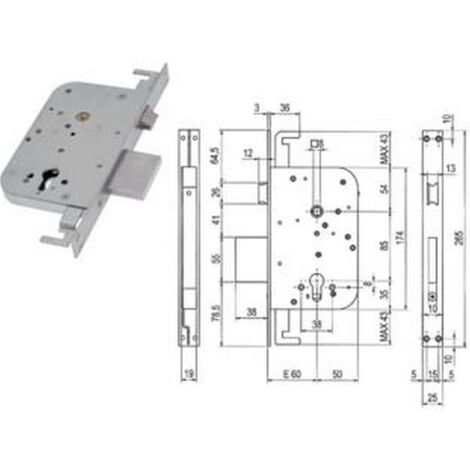 1PZ SERRATURA TRIPLICE INFILARE A CILINDRO CON SCROCCO E CATENACCIO 600Y - MM.60 (00600 Y30 60)