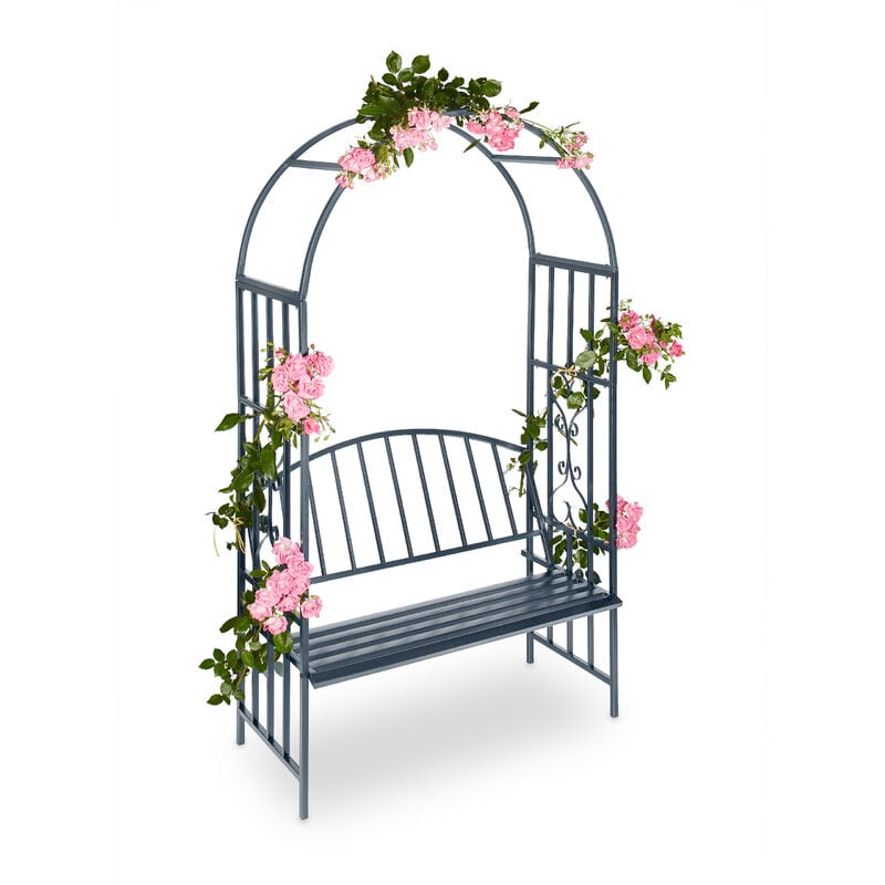 1x Arche à roses pour jardin avec banc 2 métal en métal arceau colonne décoration HxlxP: 205 x 115 x 50 cm, gris