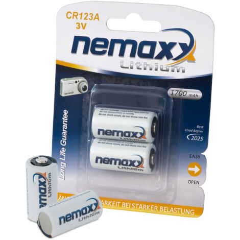 1x blister (2 pièces) Nemaxx 3V Photo Pile lithium CR123A Pile photo avec 1700mAh Pile photo