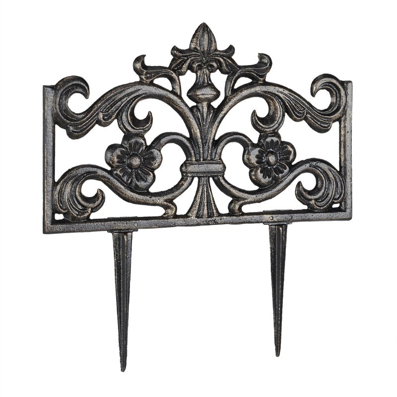 1x Bordure de jardin, fonte de fer, clôture en métal, 2 piquets, antiquités, HxlxP: 37 x 36 x 2 cm, bronze