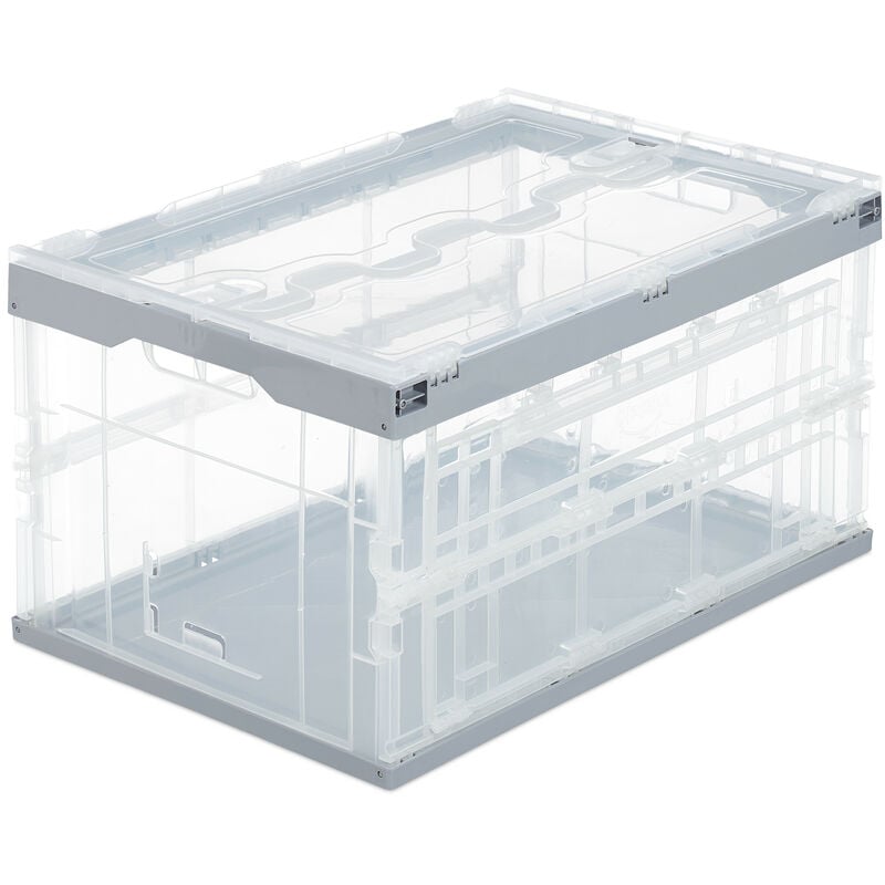 Set of 1 Relaxdays Professional Storage Box, Sturdy, Commercial Crate, Plastic, Lidded, 60x40x32cm, Grey-Transparent