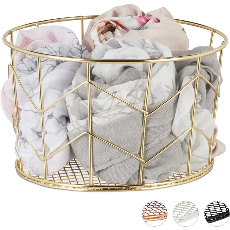 Image of Cestino Rotondo, Vintage, Contenitore per Vestiti e Accessori, Decorativo, in Metallo, 22 cm, Color Oro - Relaxdays