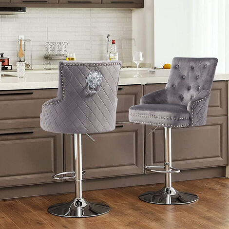 UNHO 1x Crushed Velvet Upholstered Breakfast Bar Stool Chrome Lion Knocker &Button - Grey