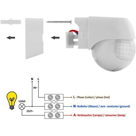 1x Détecteur de mouvement infrarouge - Convient à une utilisation intérieure et extérieure, avec une portée de détection jusqu'à 12 mètres, une rotation et une capacité d'inclinaison de 180°, un indic