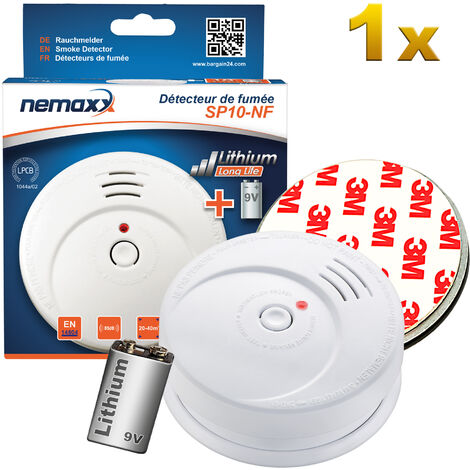 1x Detector de humo Nemaxx SP10-NF Blanco - Detector de humo de alta calidad con la sensible tecnología fotoeléctrica de acuerdo con DIN EN 14604 con certificado NF + 1x Fijación magnético