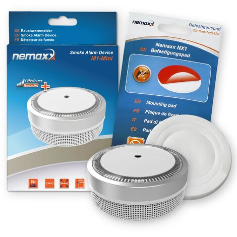 1x Nemaxx Detector de humo M1-Mini sensibilidad fotoeléctrica - con batería de litio tipo DC3V - conforme la norma DIN EN14604 & Vds - plateado + NX1 Pad de fijación