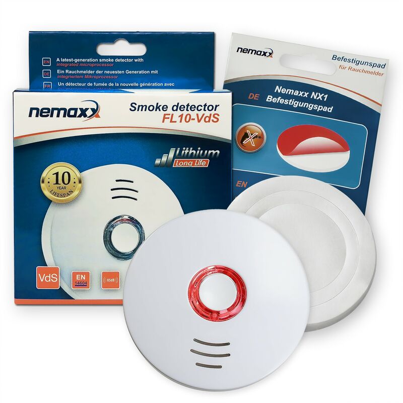 

1x FL10VdS - VDS Detector de humo/ Alarma + Pad de fijación - Vds certificado EN 14604 con pila de de lítio incluida de larga duración - 10 años de