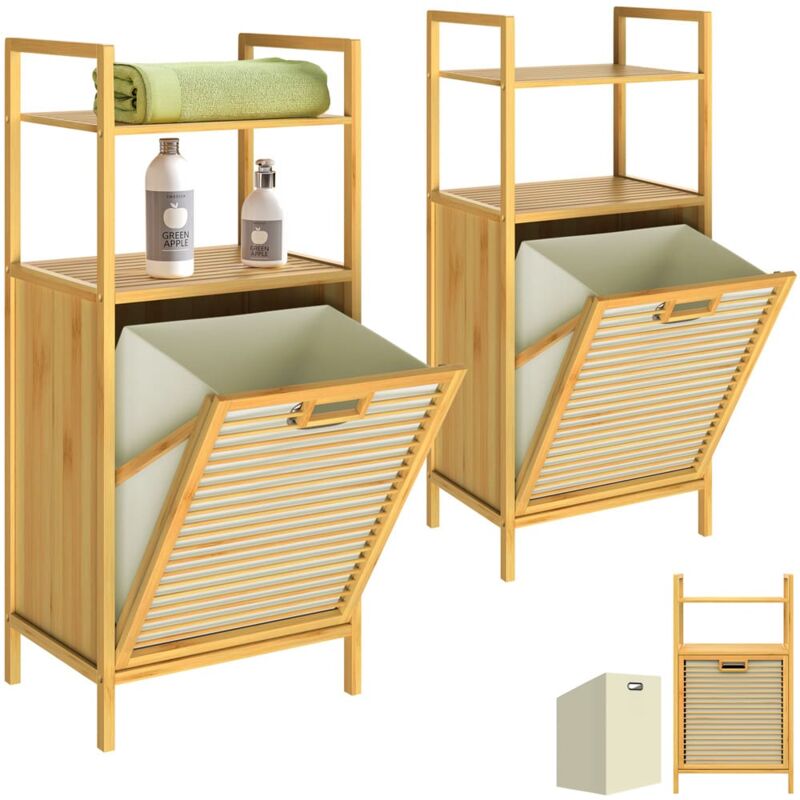 1x ou 2x Meuble en bambou avec étagères panier à linge intégré 43L Meuble de rangement salle de bain 2x