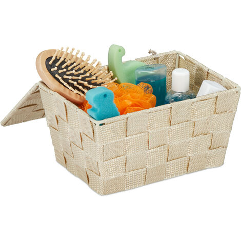 1x Panier de rangement avec couvercle, aspect tressé, organiseur salle de bain, HxlxP 10,5 x 19,5 x 14,5 cm, beige