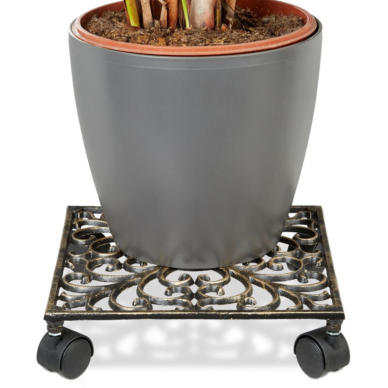 1x Porte-plantes à roulettes, en fonte, support pot de fleurs, 4 roues, d: 33,5 cm, carré, design antiquités, bronze